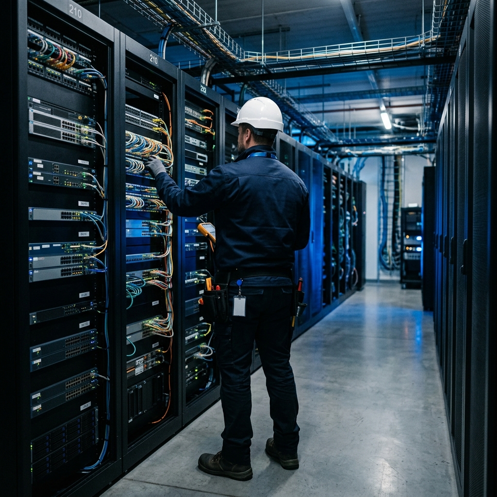 Ingeniero especialista instalando Data Center